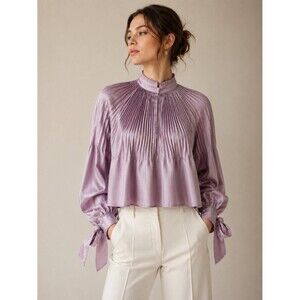 Tibi Pleated Blouse Top Lavender Purple Edwardian Tie Cuff Cropped Size 6